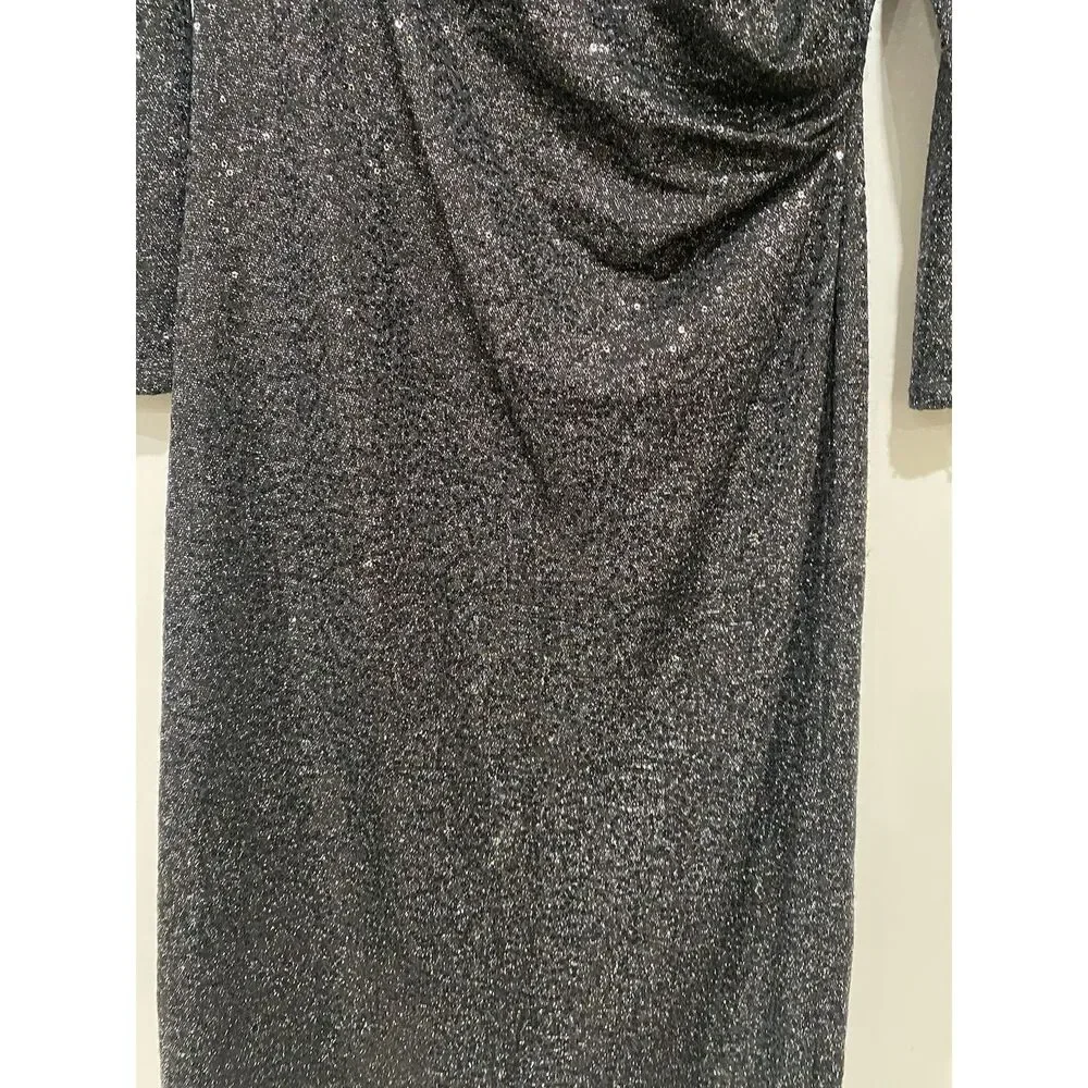 Carmen Marc Valvo Dress Sz 8 Black Silver Beaded Neck Sequin Cocktail Midi - Picture 10 of 12